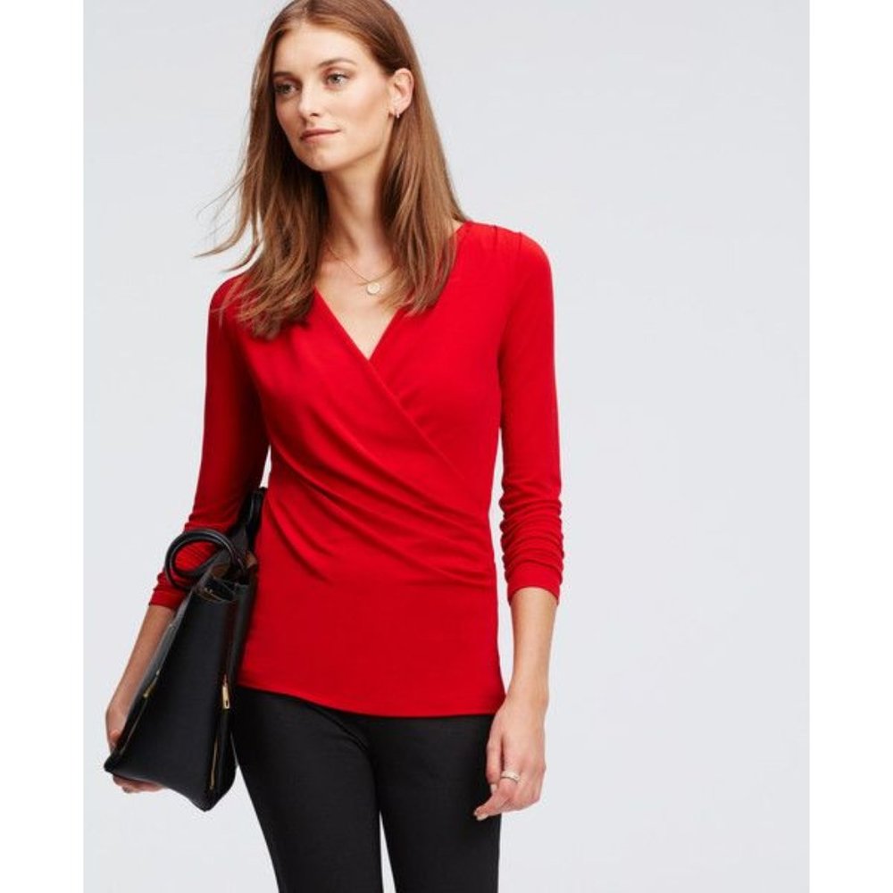 Wrap Style Ruched Deep V Neck Long Sleeve Top